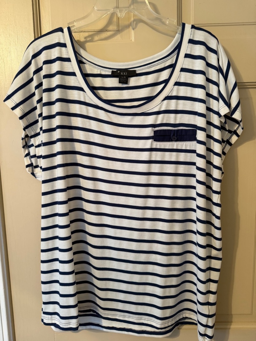 NWOT - Forever 21 Cream and Navy Striped Short-Sleeve Pocket Tee
